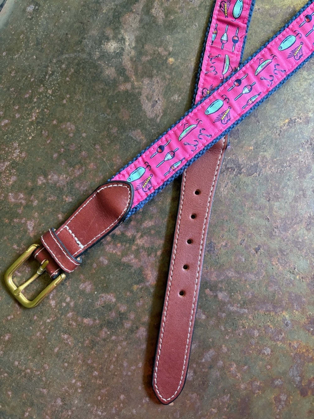 Simply Southern Blue Canvas Club Belt with Pink Fishing Lure & Bobber Trim. 34